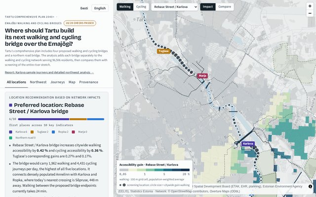 Map of Tartu's Emajõgi river showing planned pedestrian and cycling bridge locations with their impact on the walking and cycling network