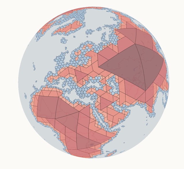 Globe visualisation of the trifold hierarchical triangular grid at several levels of subdivision